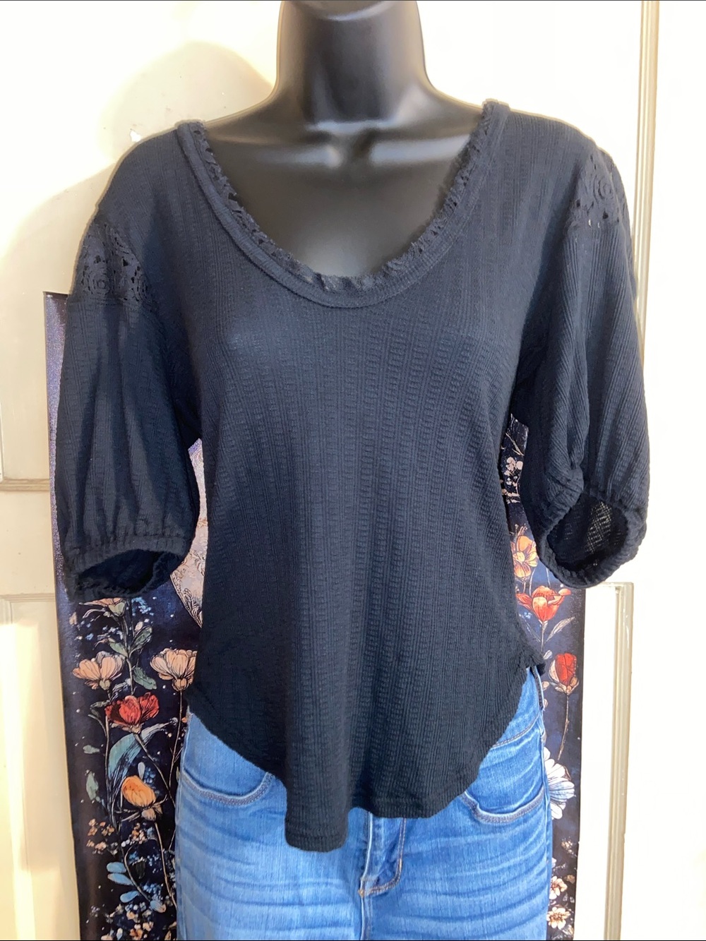 ST JAMES BLACK RIBBED TOP Deep Scoop Puffy Sleeves NWT FREE PEOPLE - Picture 2 of 7